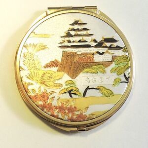 Japanese Chokin Art Compact Mirror Gold Silver Crane Scene Boxed Vintage